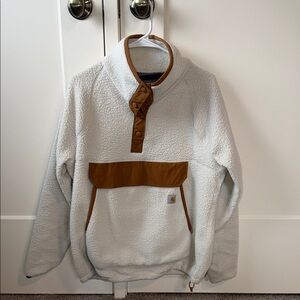 Carhartt White and Brown Fleece Sweater quarter button size L